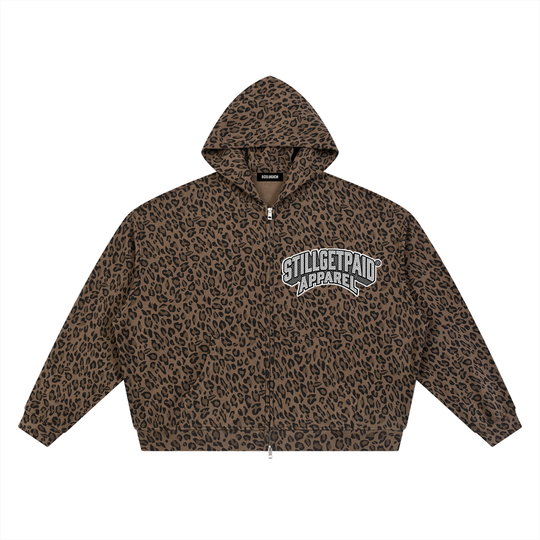 Unisex Leopard Print Waffle Full Zip Hoodie