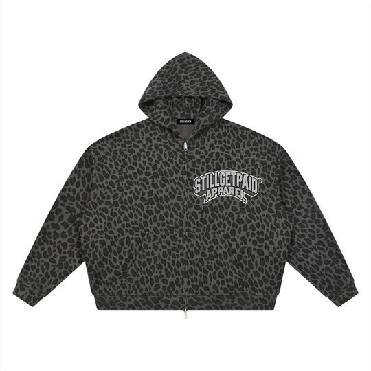Unisex Leopard Print Waffle Full Zip Hoodie