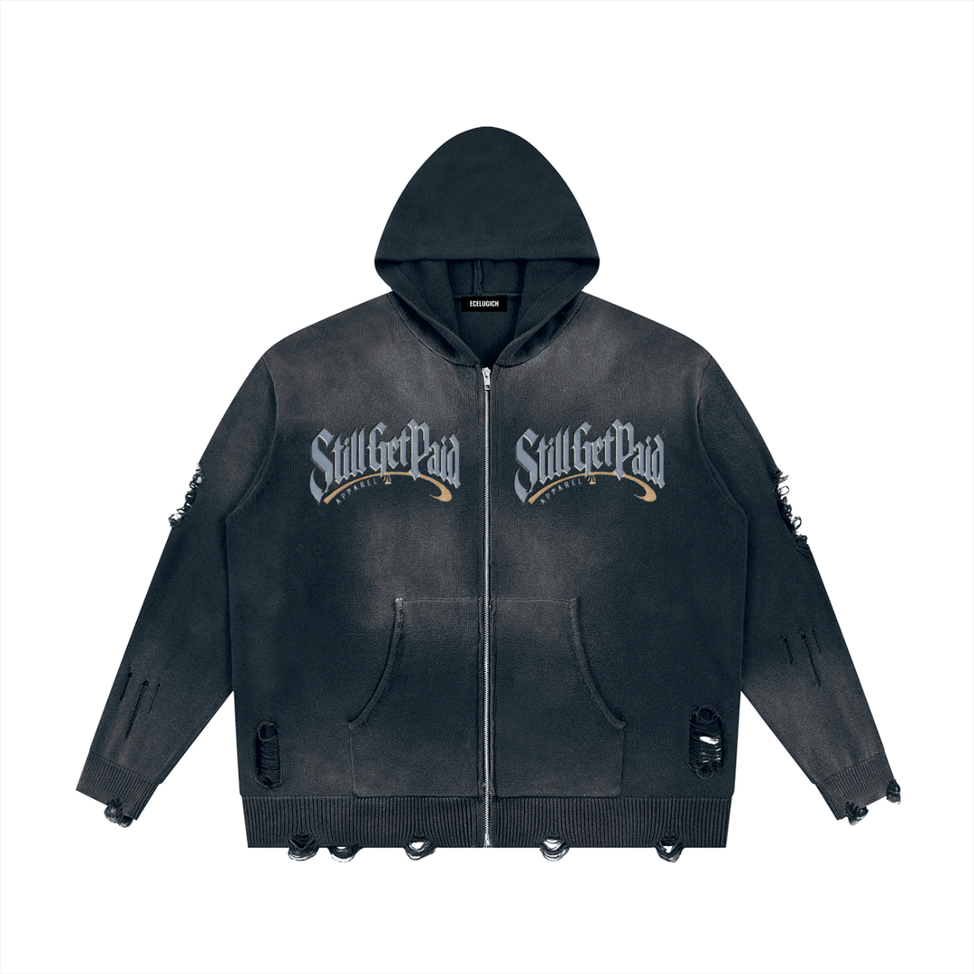 Unisex Distressed Full Zip Sweater