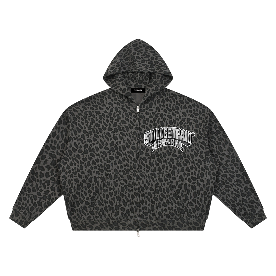 Unisex Leopard Print Waffle Full Zip Hoodie