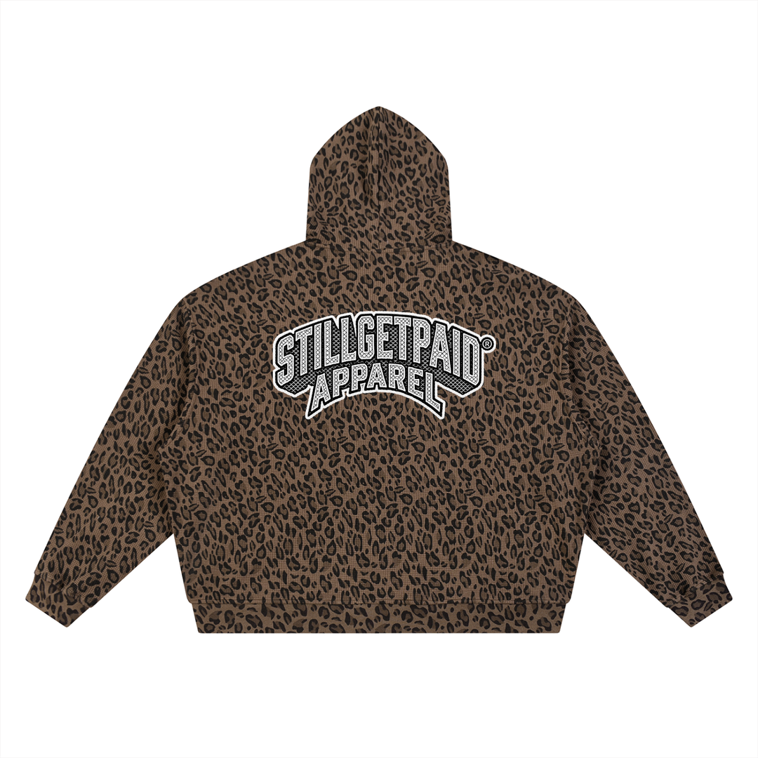 Unisex Leopard Print Waffle Full Zip Hoodie