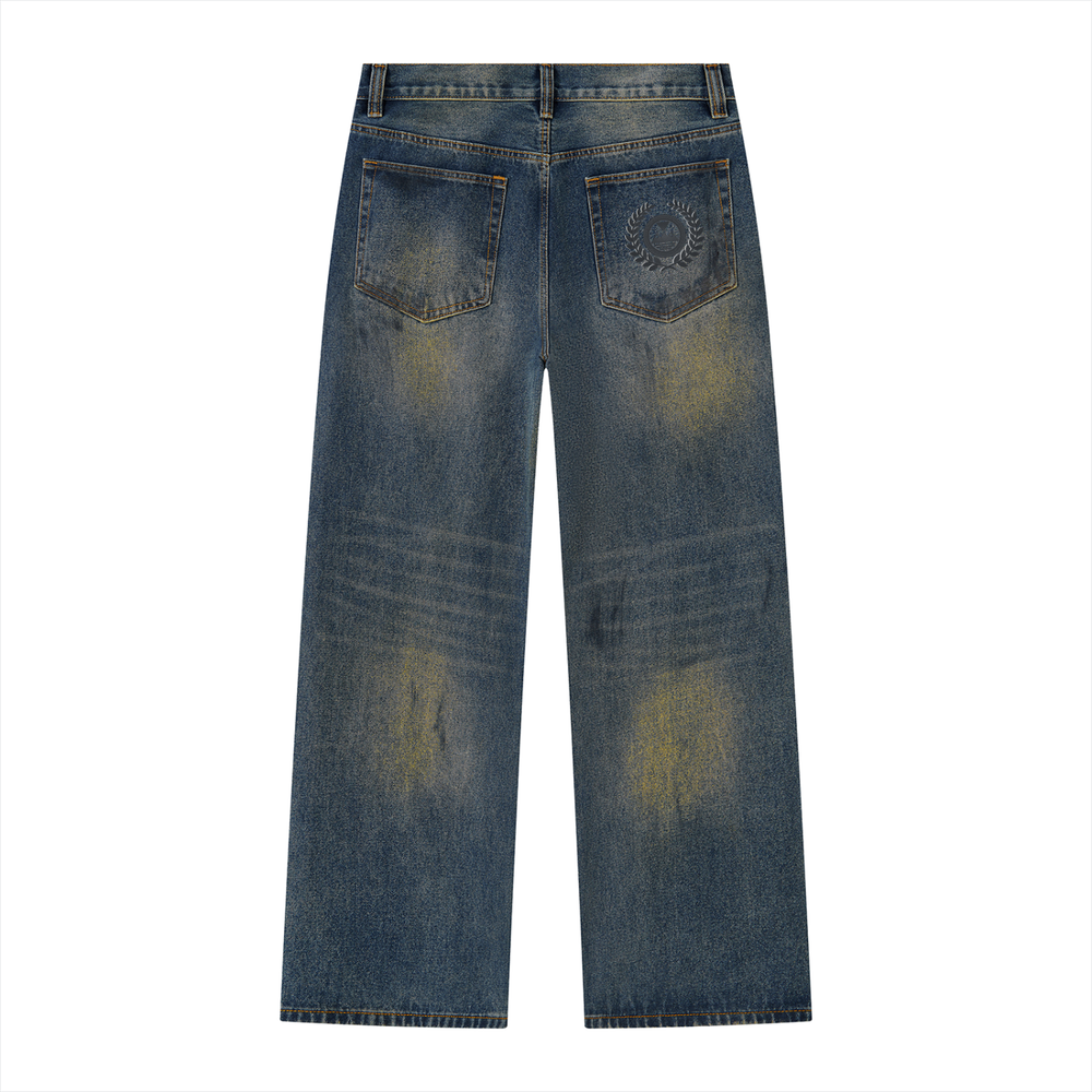 Men's Vintage Wash Wide Leg Ecelugich Denim Jeans