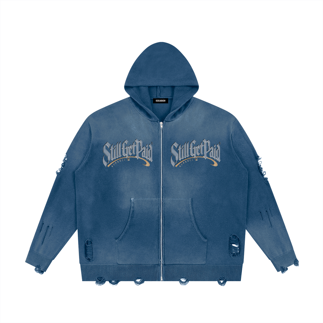 Unisex Distressed Full Zip Sweater
