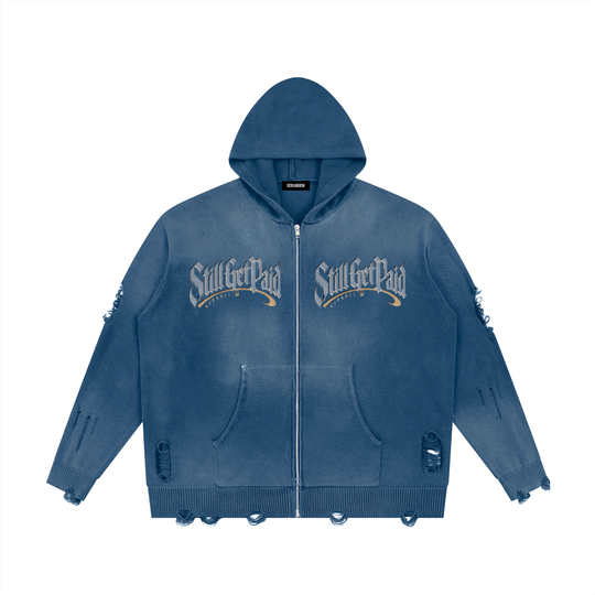 Unisex Distressed Full Zip Sweater