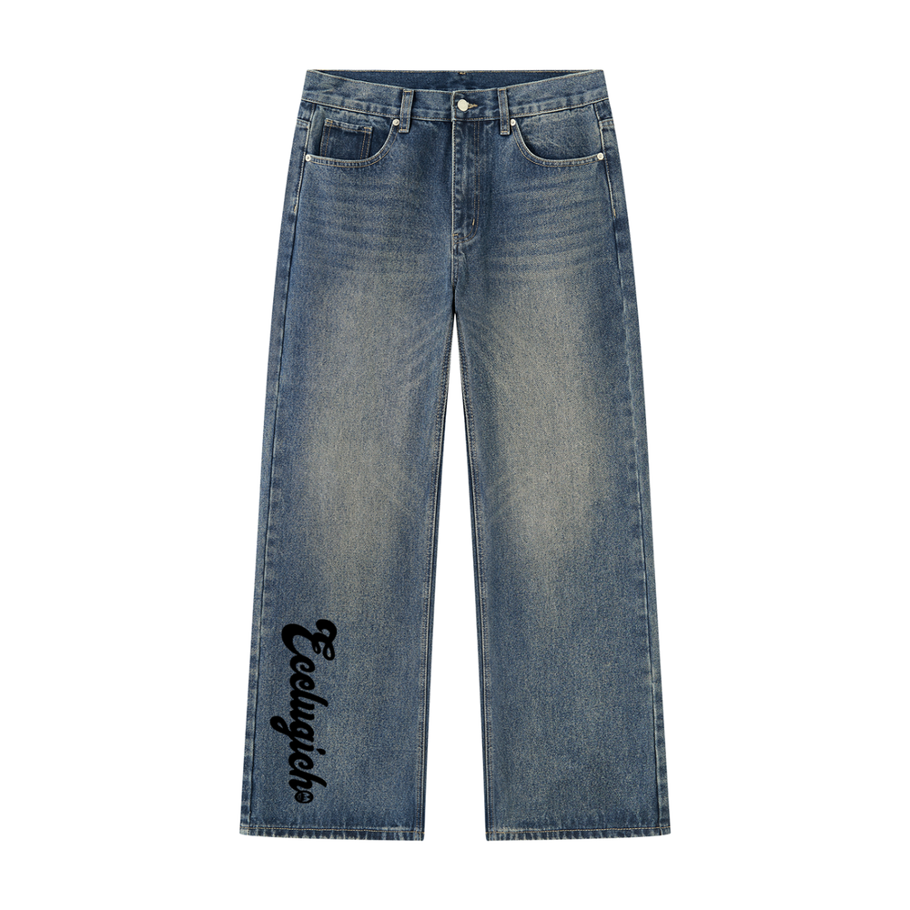 Vintage-Wash Straight-Leg Denim Jeans