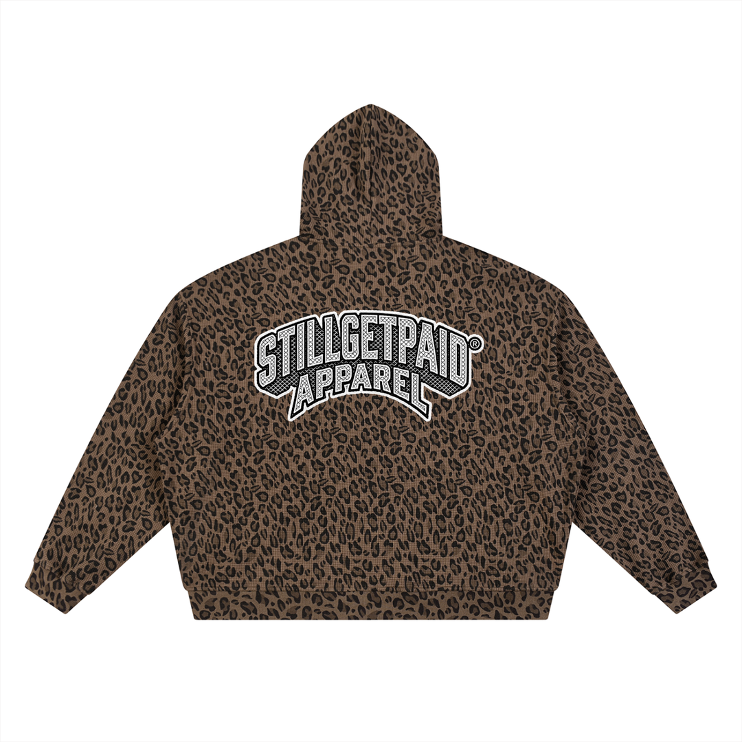 Unisex Leopard Print Waffle Full Zip Hoodie